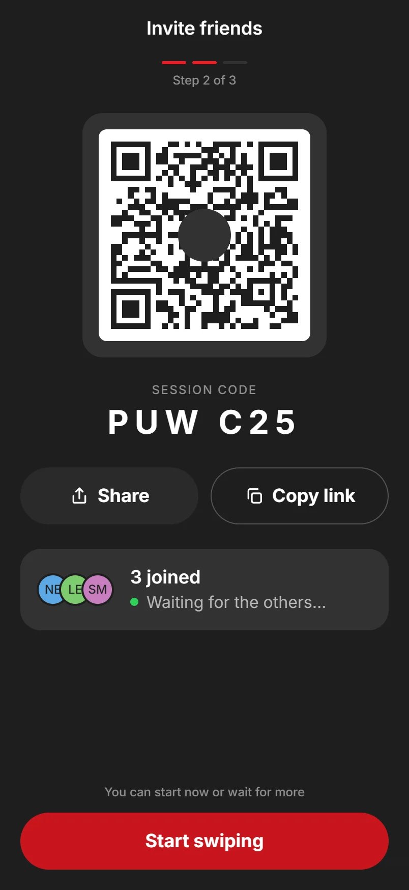Invite screen with a QR code and three friends joined