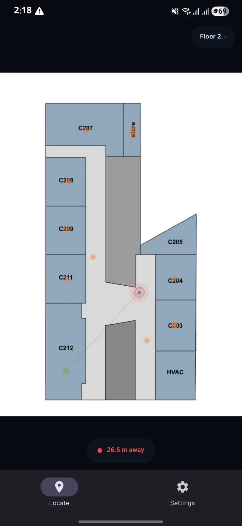 TrakN parent app: the Floor 2 plan with the child's dot, the parent's dot and 26.5 m away