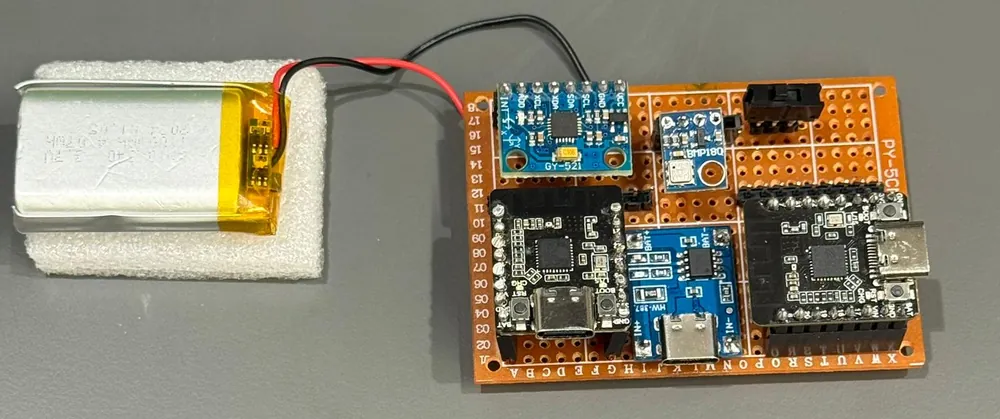 The tag on its perfboard: two Beetle ESP32-C6 boards, a motion sensor, a barometer and a LiPo battery